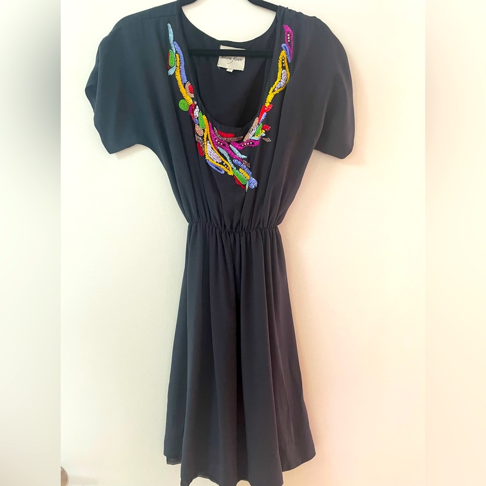 Chelsea Flower Beaded Silk Dress - Dark Grey, Tie Waist, Blouson Style, Size M